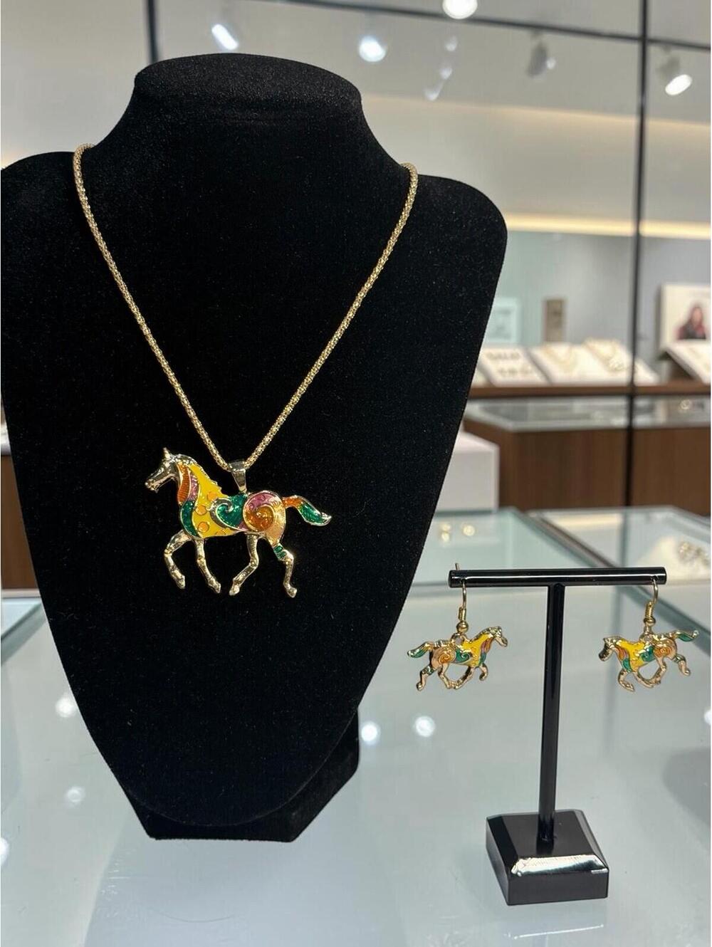 Betsey Johnson Horse Of Many Colors Enamel Necklace and Earrings Set Gold 20in